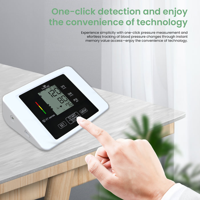 EasyCare Digital Blood Pressure Monitor demonstrating one-click detection, automatic blood pressure measurement, and memory value tracking for convenient health monitoring