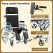 An infographic detailing the useful functions of a reclining commode wheelchair, including its reclining lever, fixed brake, and 360-degree front-wheel rotation.