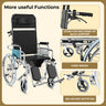 An infographic detailing the useful functions of a reclining commode wheelchair, including its reclining lever, fixed brake, and 360-degree front-wheel rotation.