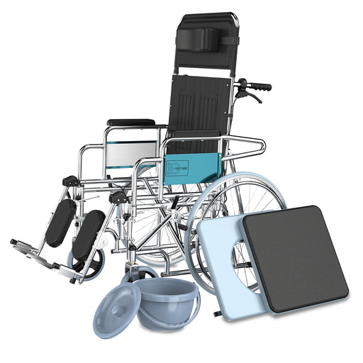 EASYCARE reclining steel wheelchair with commode, 180 degree backrest and detachable footrests