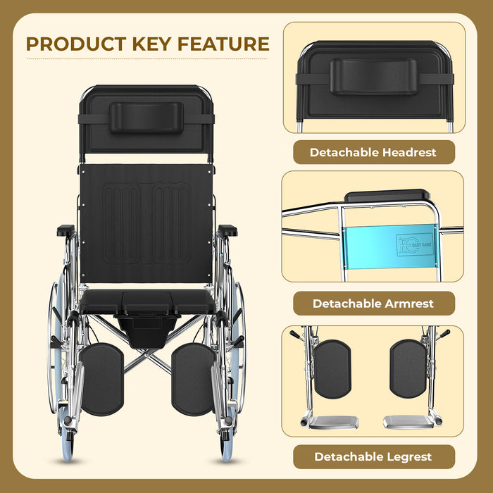 An infographic listing the key features of a commode wheelchair, highlighting its detachable headrest, armrests, and legrests for enhanced versatility and easy patient transfer.