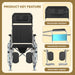 An infographic listing the key features of a commode wheelchair, highlighting its detachable headrest, armrests, and legrests for enhanced versatility and easy patient transfer.