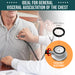 An infographic for a stethoscope chestpiece, highlighting its use for general auscultation with an anti-chill ring and a frequency adjustment feature.