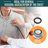An infographic for a stethoscope chestpiece, highlighting its use for general auscultation with an anti-chill ring and a frequency adjustment feature.