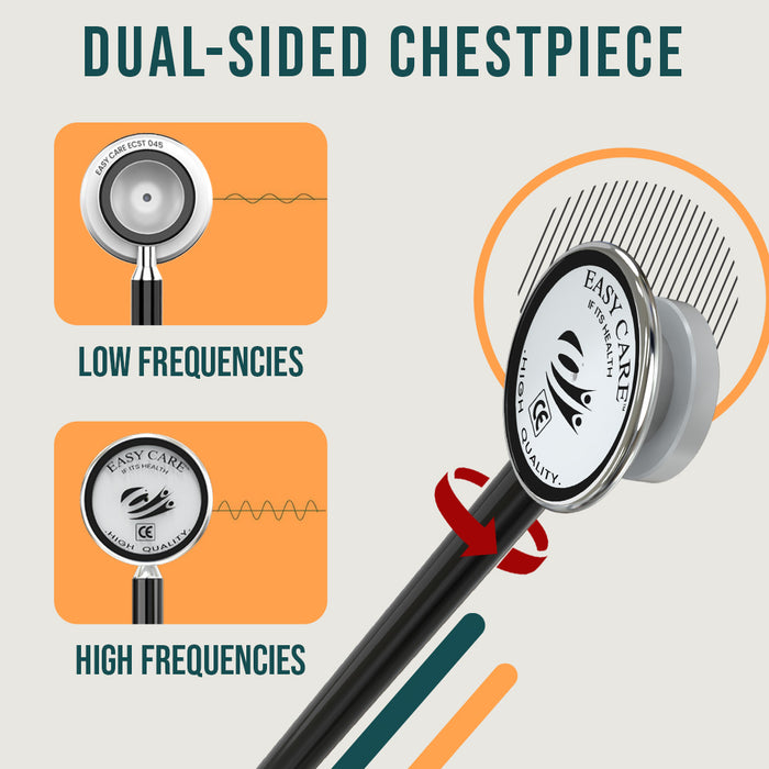 An infographic demonstrating a stethoscope's dual-sided chestpiece, showing how to rotate it to hear both low and high frequencies for versatile auscultation.