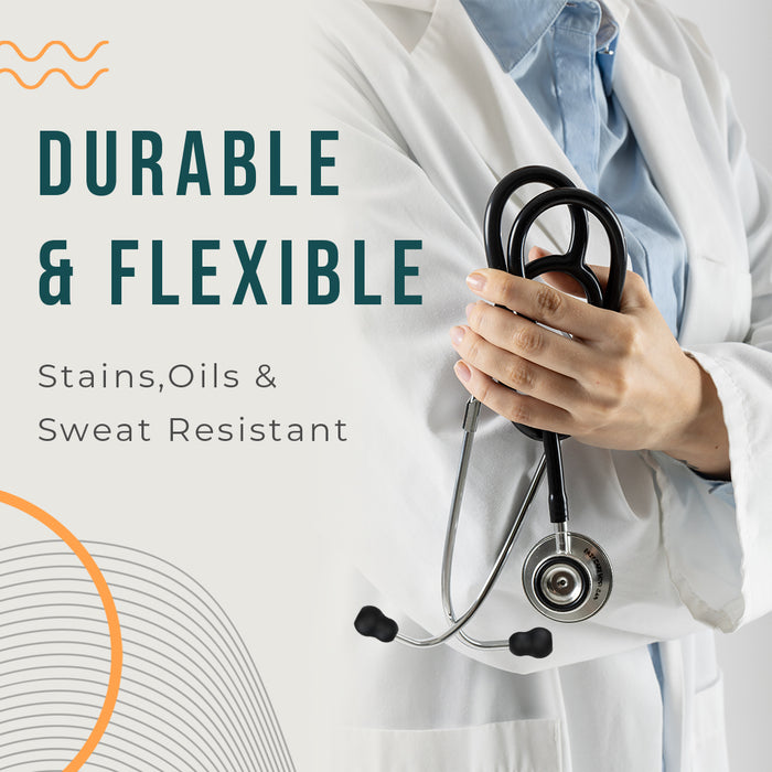  An infographic highlighting a stethoscope's durable and flexible tubing, which is resistant to stains, oils, and sweat.

