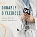  An infographic highlighting a stethoscope's durable and flexible tubing, which is resistant to stains, oils, and sweat.

