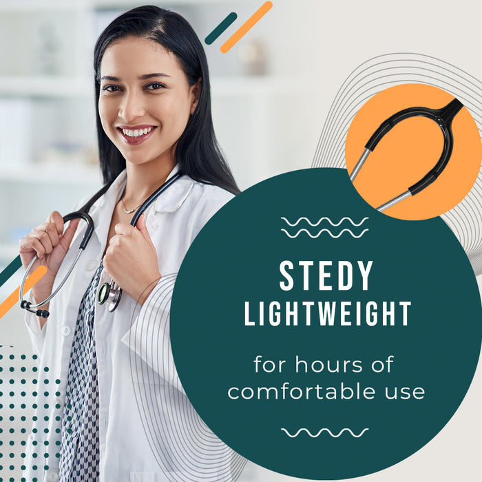  An advertisement featuring a medical professional, highlighting the stethoscope's lightweight and steady design for hours of comfortable use.