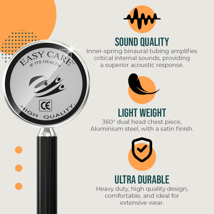 An infographic promoting a stethoscope's superior sound quality, lightweight design for comfortable use, and an ultra-durable, heavy-duty build.