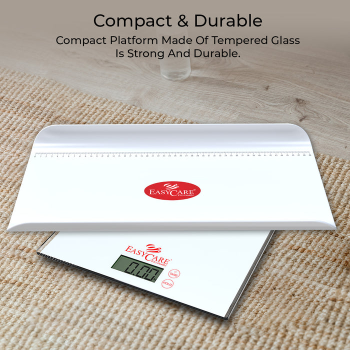  An image highlighting a compact and durable digital weighing scale with a strong platform made of tempered glass.