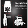 Dimensions of Easycare foldable wheelchair showing seat width, height, and compact folding size