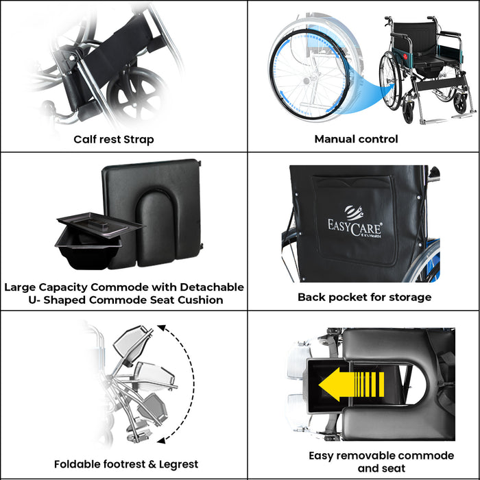 EasyCare Wheelchair with Large Capacity Commode, Calf Rest Strap, Manual Control, Detachable U-Shaped Commode Seat Cushion, Foldable Footrest & Legrest, Back Pocket for Storage, Easy Removable Commode Seat, Adjustable Features for Comfort