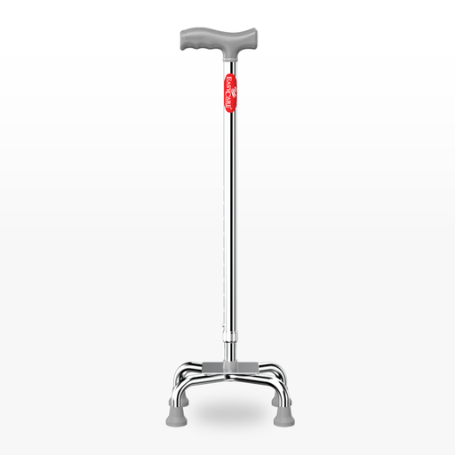 Silver walking cane with a red label on a white background
