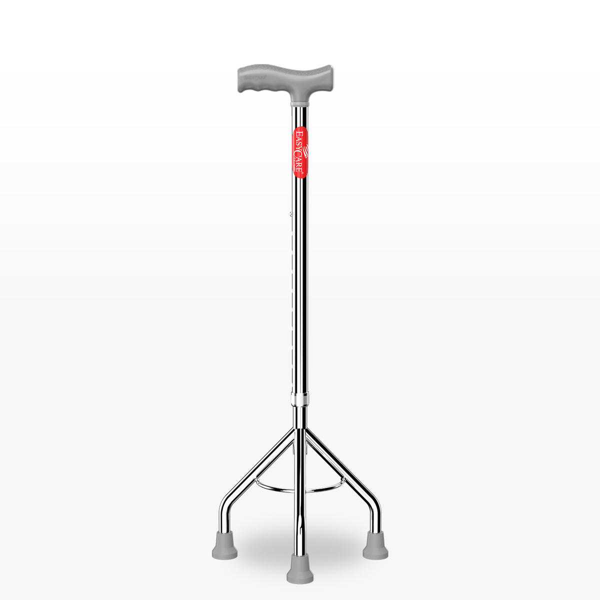 Silver walking stick with a red label on a white background