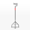 Silver walking cane with a red label on a white background