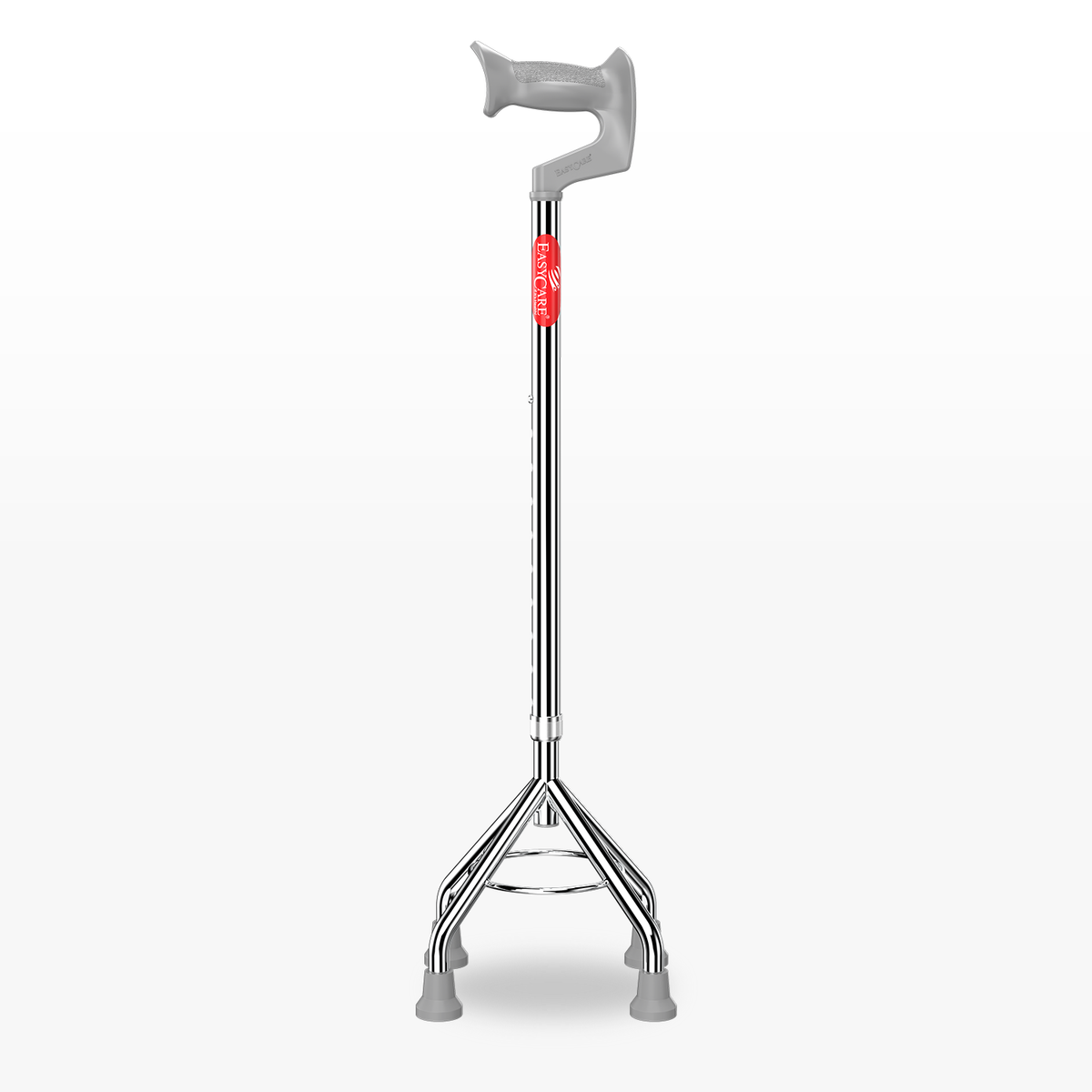 Silver walking cane with a gray handle on a white background