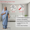 An elderly woman in a blue saree stands in a living room holding a walking cane with rubber grips and an ergonomic handle. Two circular callouts highlight the cane features, with text overlays describing benefits like strong 4-leg stability, slip-resistant base, and comfortable handle.