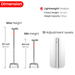 Adjustable walking cane with height measurement and product details on a white background