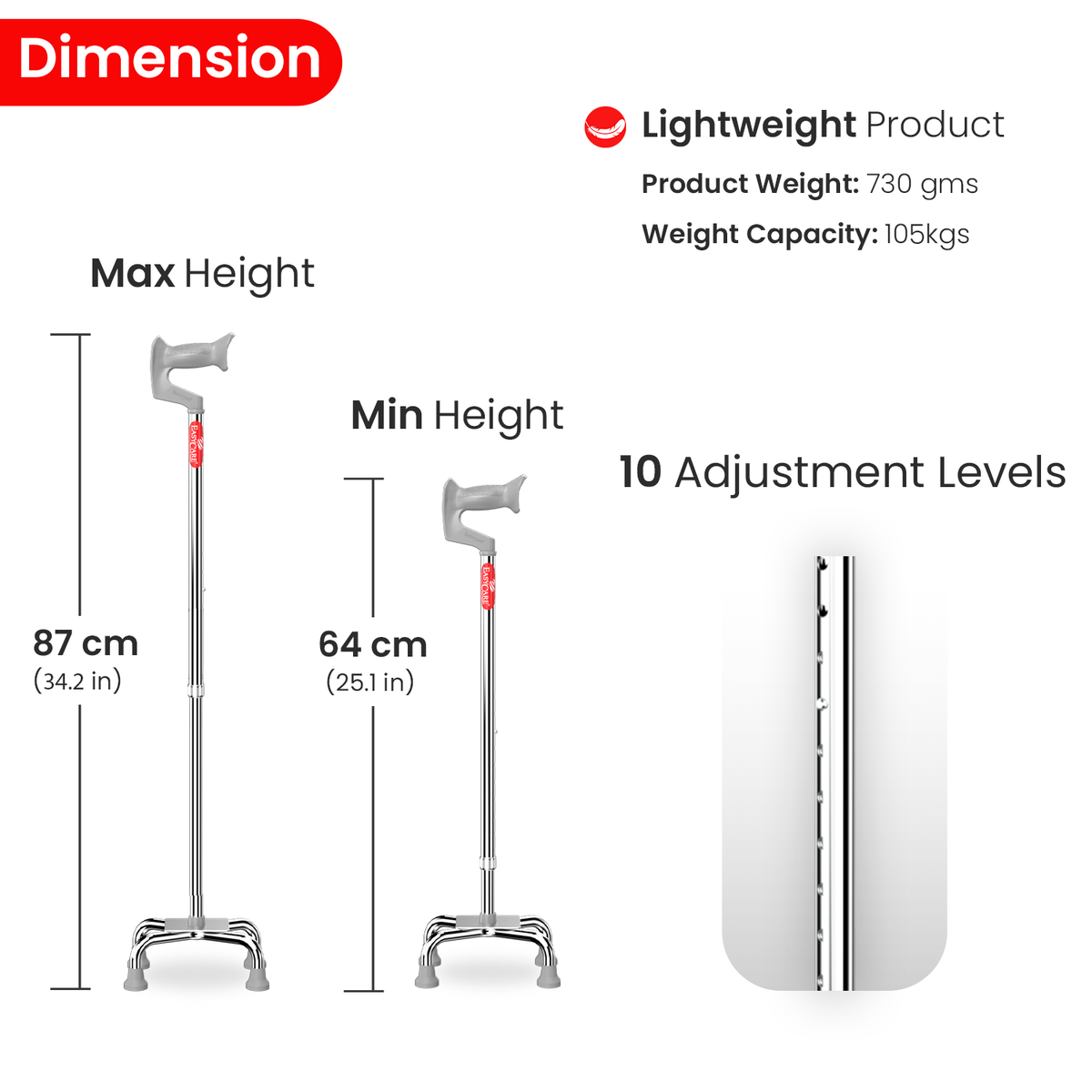 walking stick with height adjustment features and specifications on a white background