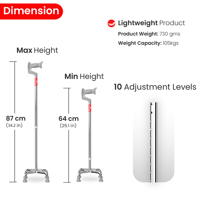 Cane with height adjustment features and product specifications on a white background