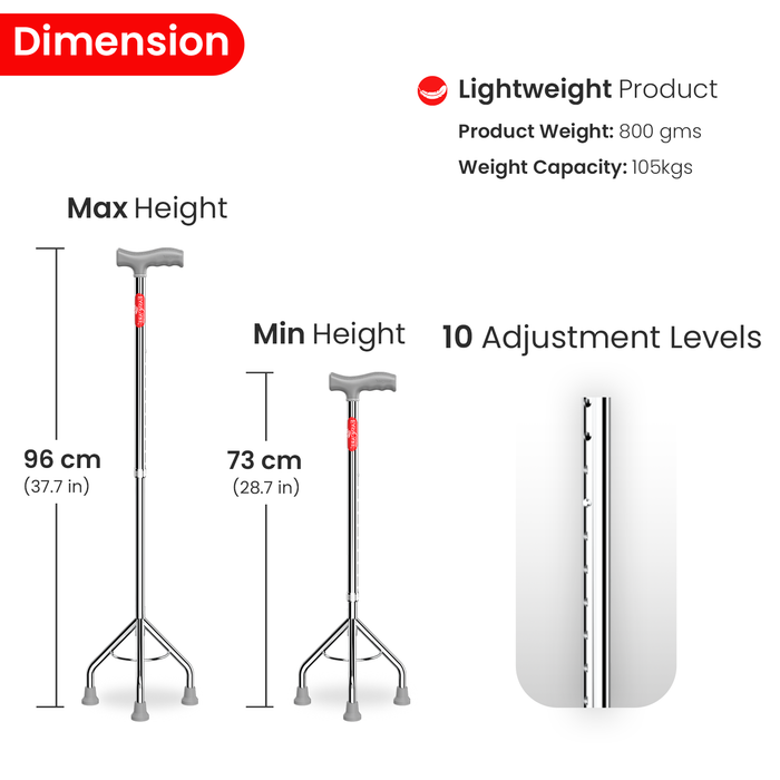 Cane with adjustable height features and product specifications on a white background