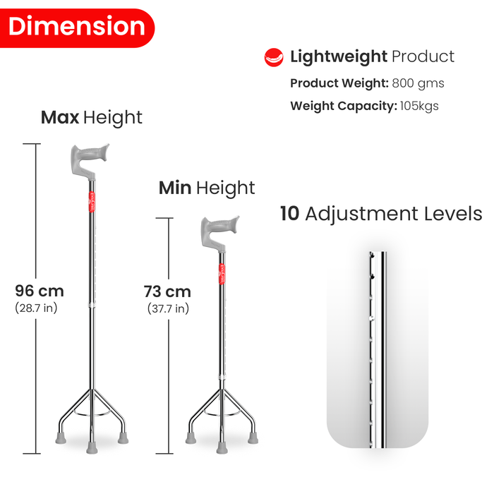 Cane with adjustable height measurement and product details on a white background