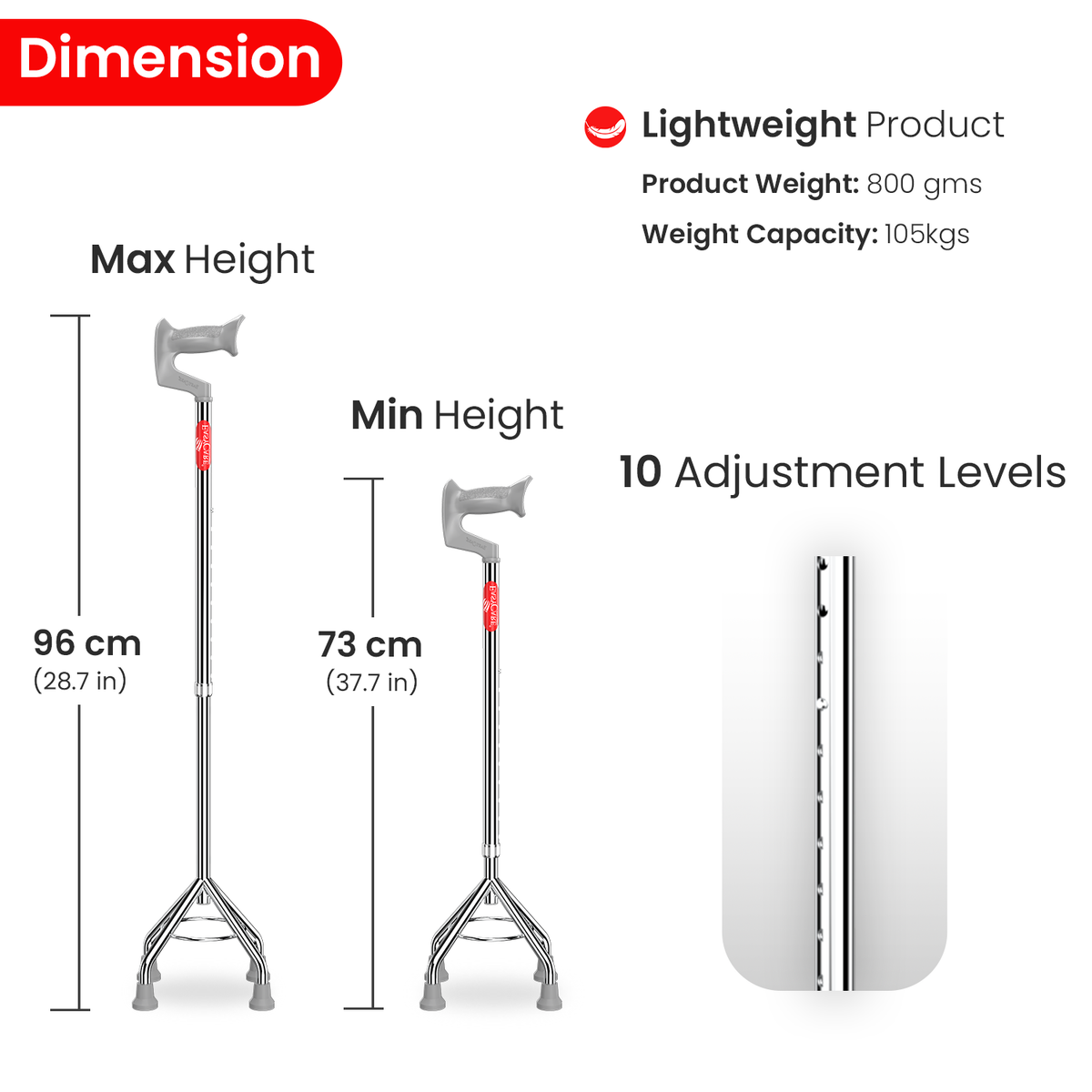 Cane with adjustable height measurement and product details on a white background
