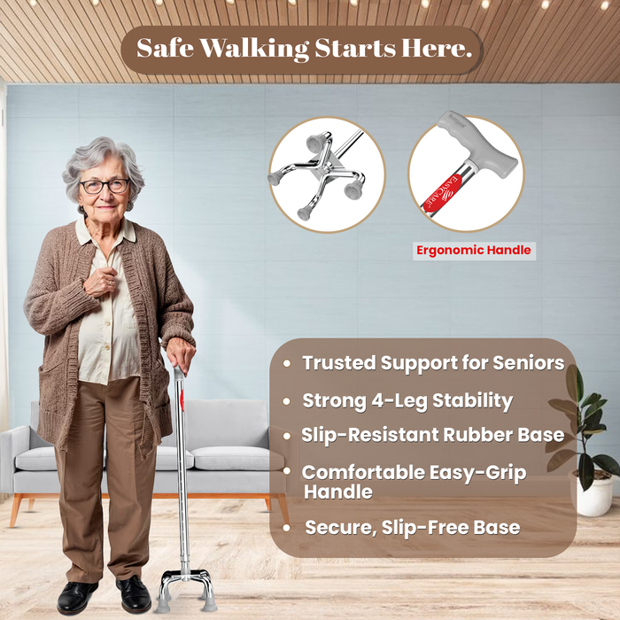 Older woman using a walking stick with product features highlighted on a light blue wall.