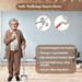 Older woman using a walking cane with product features highlighted on a light blue wall.