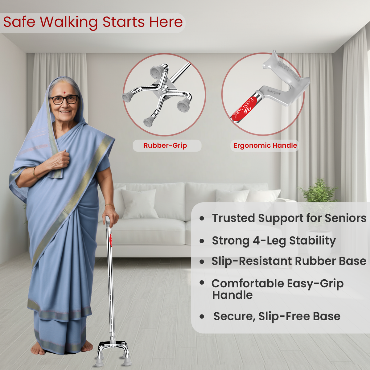 Woman using a walking stick with product features highlighted, including rubber grip and ergonomic handle.