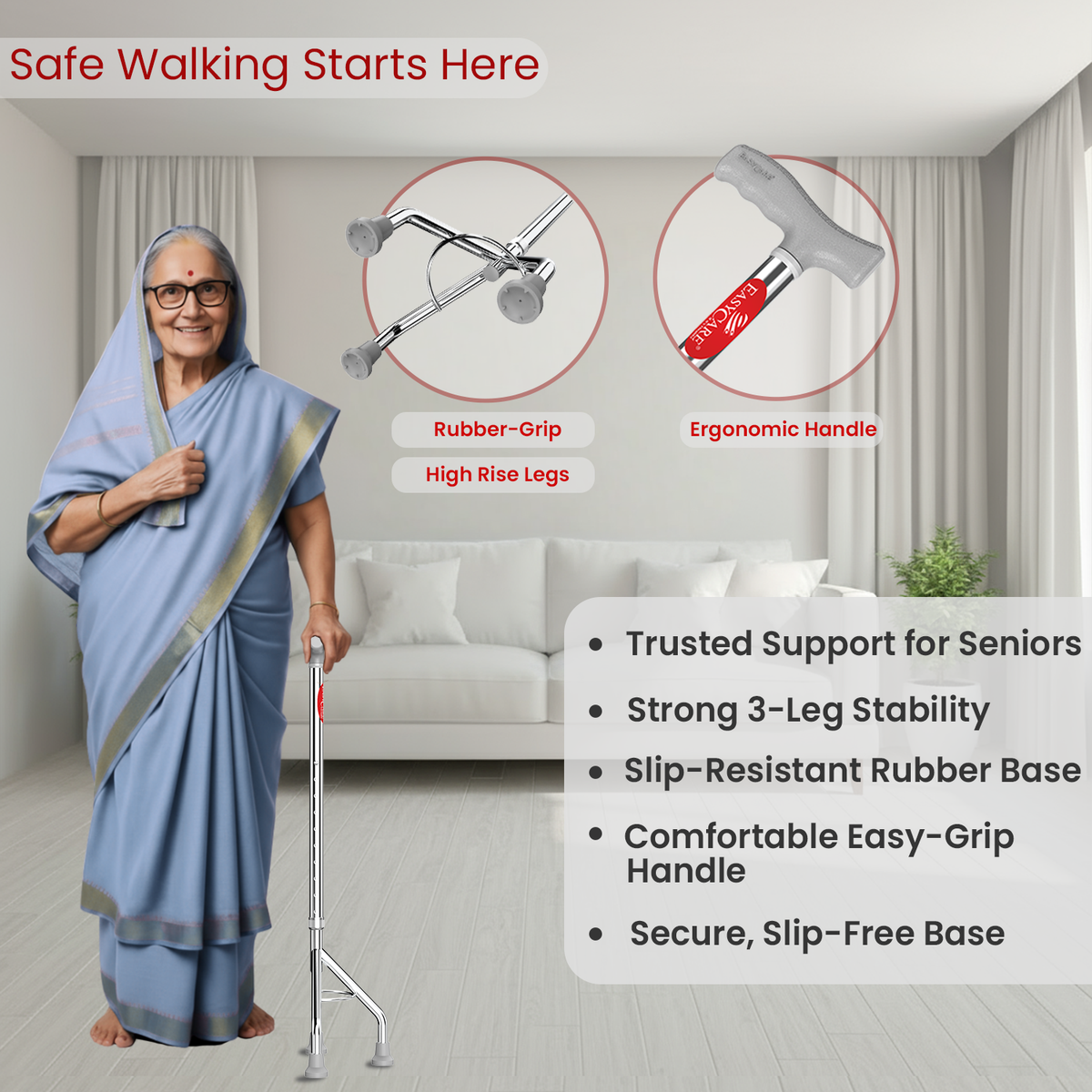 Woman using a walking aid with product features highlighted, set against a neutral indoor background.
