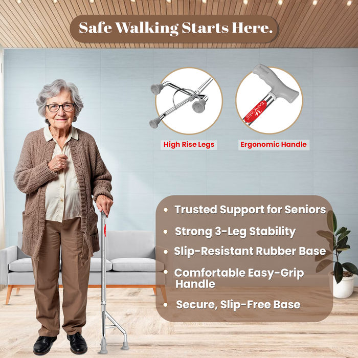 Woman using a walking cane with product features highlighted on a light blue wall.