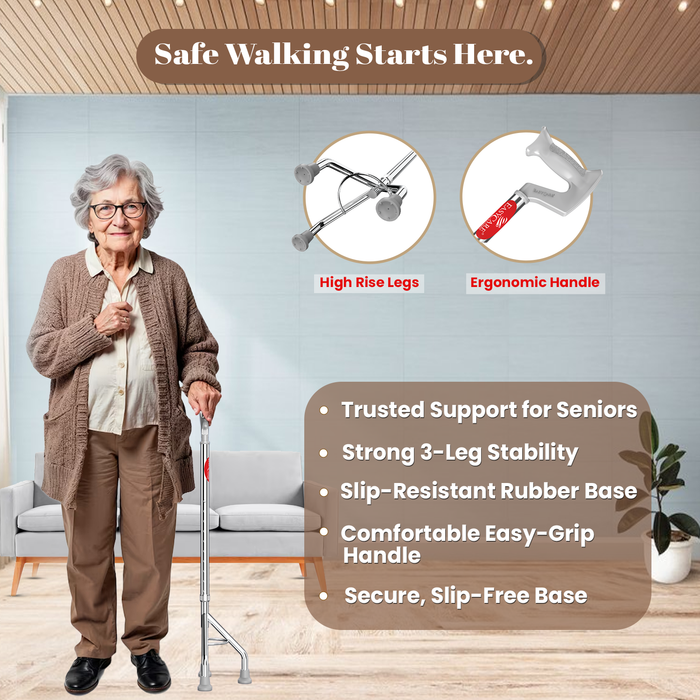 Woman using a walking cane with product features highlighted on a light blue wall.