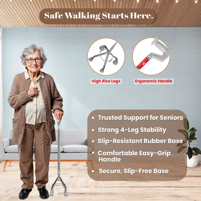 Woman using a walking stick with product features highlighted, including high-rise legs and ergonomic handle.