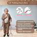 Woman using a walking stick with product features highlighted, including high-rise legs and ergonomic handle.