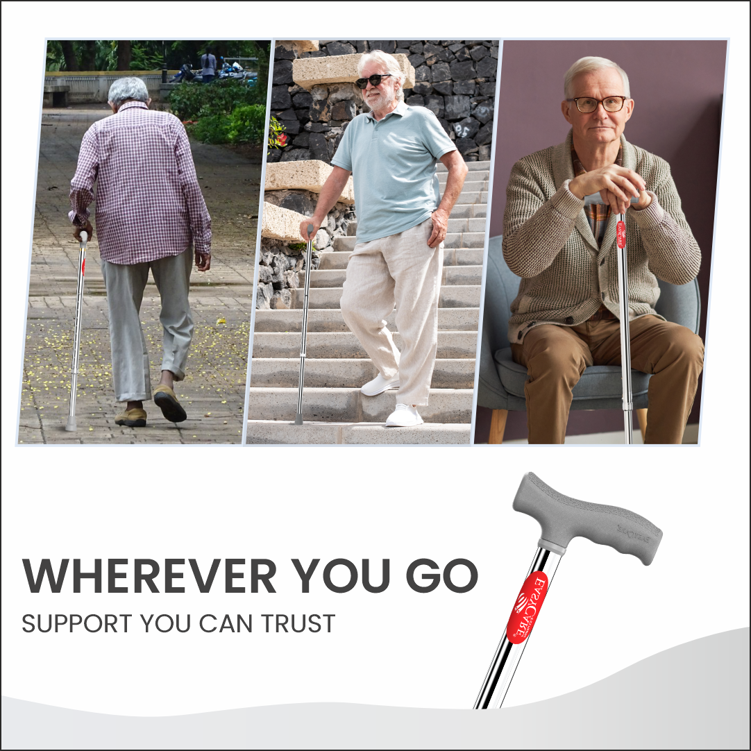 Three images of elderly people using canes with a product advertisement for walking stick.