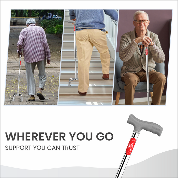 Promotional image of a walking cane with text 'Wherever You Go, Support You Can Trust' and images of an elderly person using the cane.