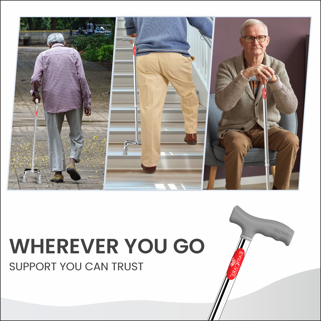 Promotional image of a walking cane with text 'Wherever You Go, Support You Can Trust' and images of an elderly person using the cane.