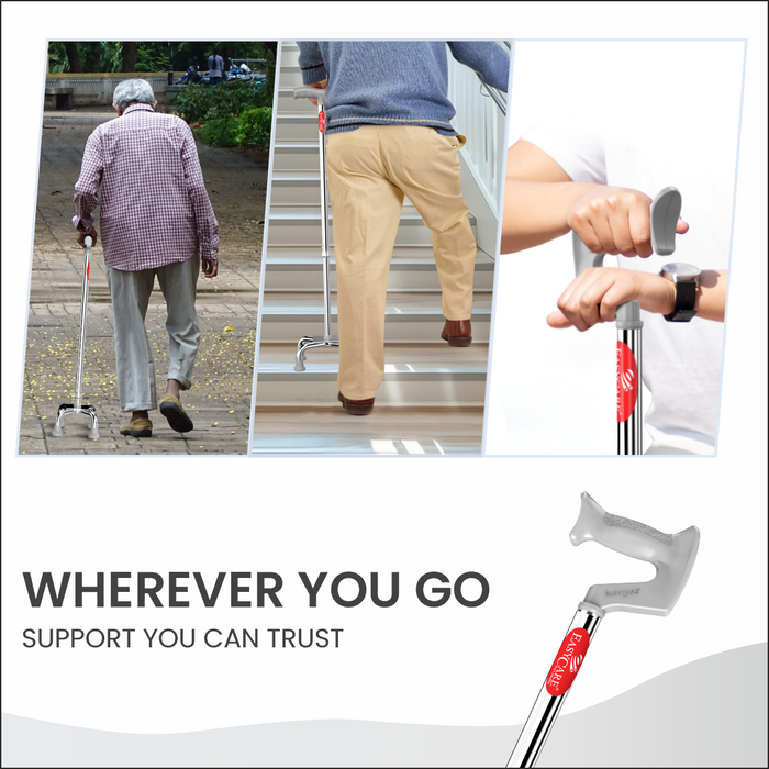Collage of people using walking sticks with text 'Wherever You Go, Support You Can Trust' on a white background.