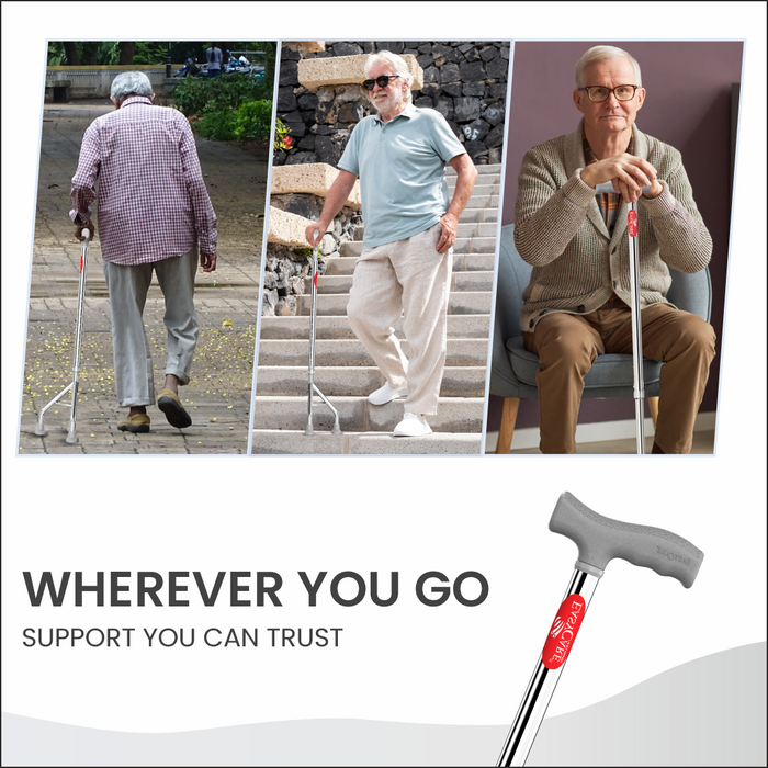 Collage of elderly individuals using walking sticks with a product image and text on a white background.
