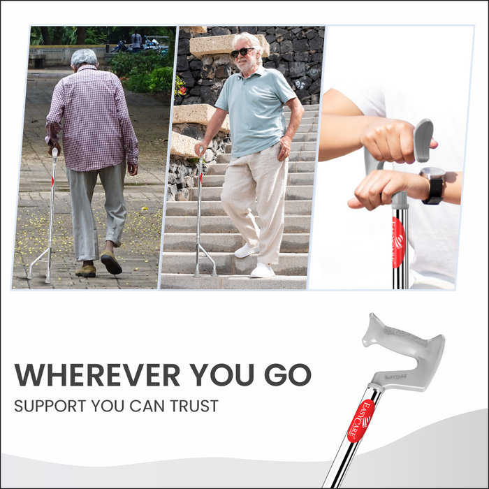 Collage of people using a walking cane with text 'Wherever You Go, Support You Can Trust' on a white background.