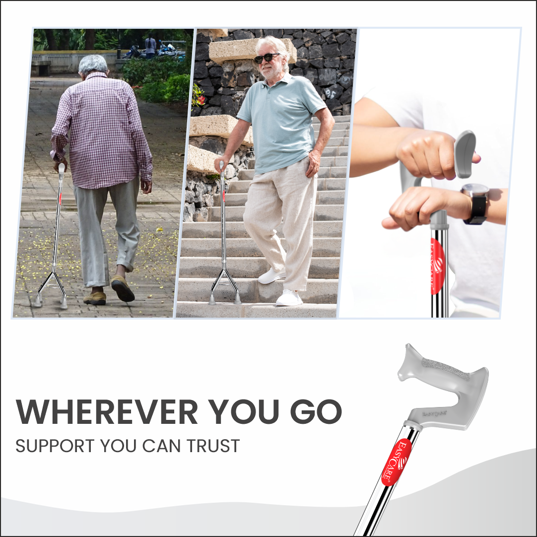 Collage of people using walking sticks with text 'Wherever You Go, Support You Can Trust' on a white background.