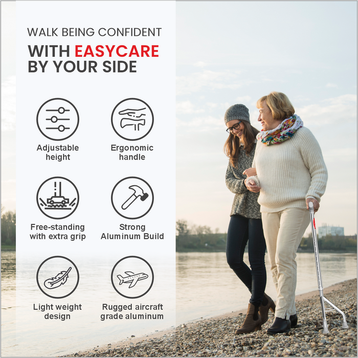 Two people walking along a path by a lake with promotional text and icons for Easycare product features.
