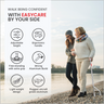 Two people walking along a path by a lake with promotional text and icons for Easycare product features.