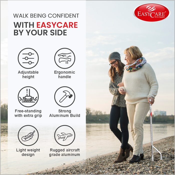 Advertisement for EASYCARE walking stick with two people by a lake.