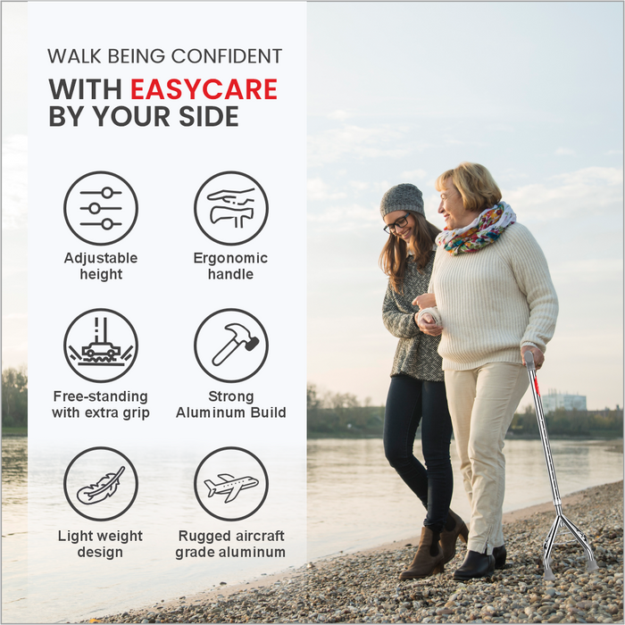 Two women walking along a beach with a walking stick, featuring Easycare product benefits.