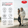Two women walking by a lake with Easycare walking stick, featuring product features on the left.