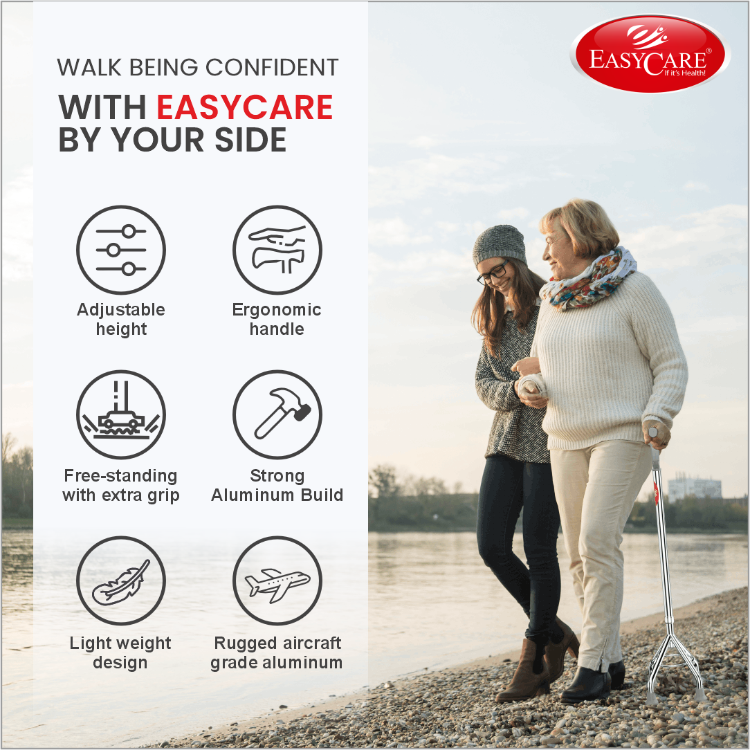 Two women walking by a lake with Easycare walking stick, featuring product benefits on the left.