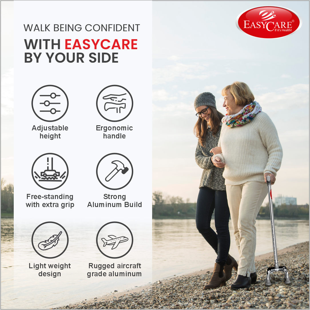 Advertisement for EASYCAREwalking stick with two women by a lake.