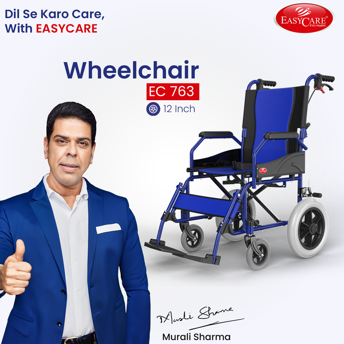 Blue wheelchair with 'EASYCARE' branding and a person in a blue suit giving a thumbs-up.